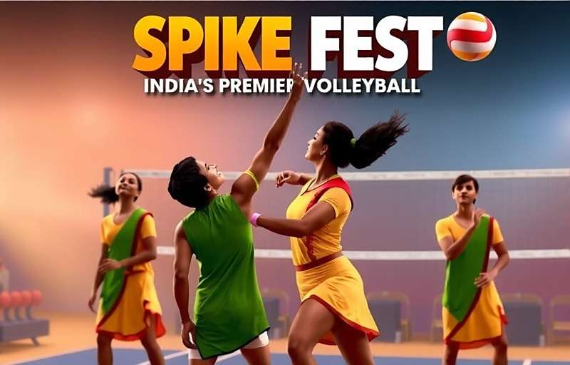 Spike Fest: Indian Volleyball game cover featuring players in traditional Indian attire